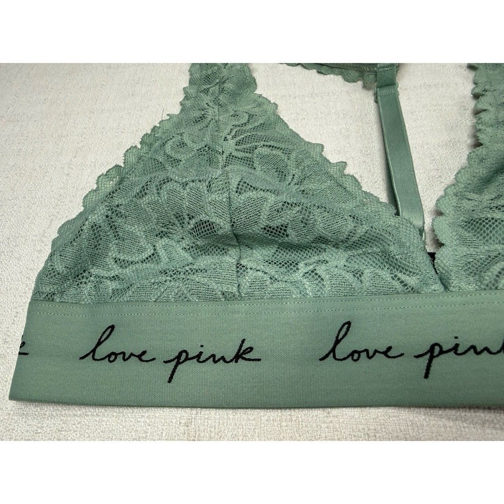 Victoria's Secret PINK Bralette Green Lace Love Pink  Size Medium - Picture 2 of 7
